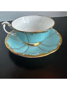 PARAGON Turquoise and White Footed Teacup and Saucer with Gold Filigree A2952/15